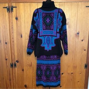 80s Michele Black, Purple Blue Sleeve Sweater and skirt.